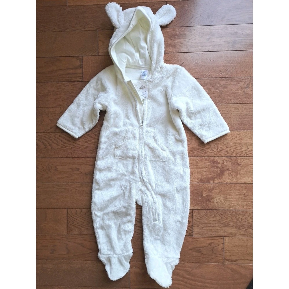 Gap Baby White Fleece Full Front Zipper Hooded Jumpsuit Romper Lined 6-12 M NWT